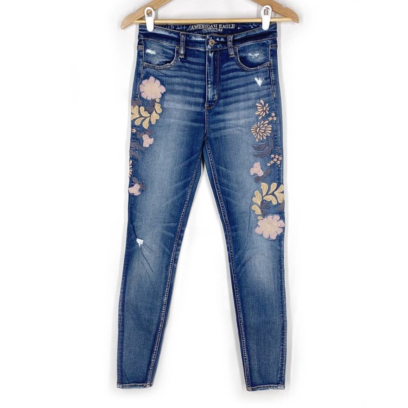 American Eagle Outfitters Denim - American Eagle Super Hi-Rise Jegging Embroidered Blue Jeans Stretch 4 Long